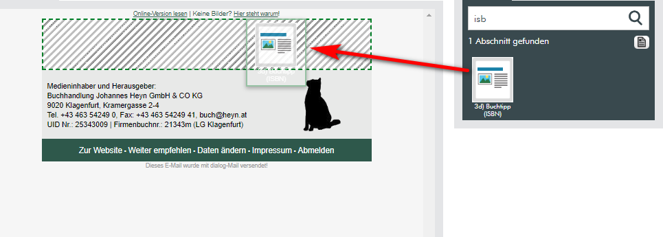Dann zieht man den gewünschten Abschnitt mit dem externen Inhalt an die gewünschte Stelle des Mailings.